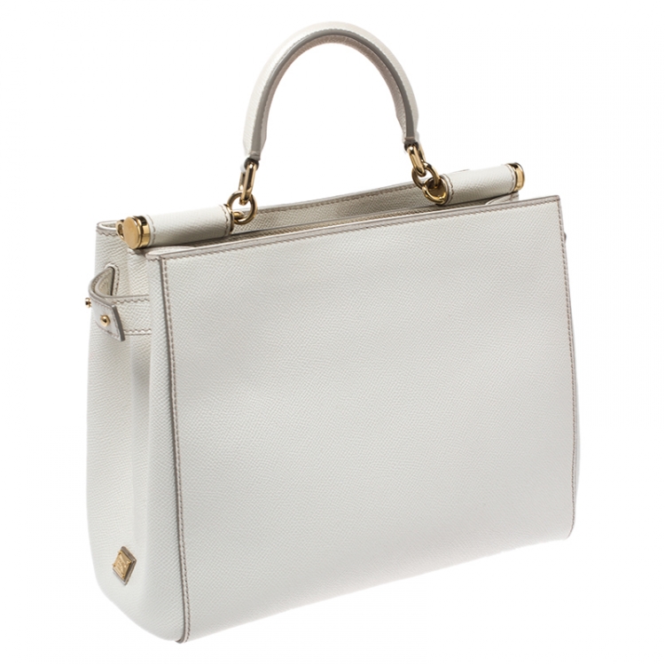 Pre Owned Dolce & Gabbana White Leather Miss Sicily Double Zip Top Handle Bag