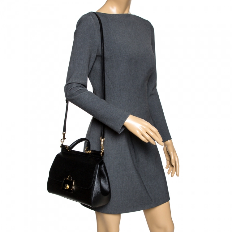Pre Owned Dolce and Gabbana Black Dauphine Leather Medium Sicily Top Handle Bag