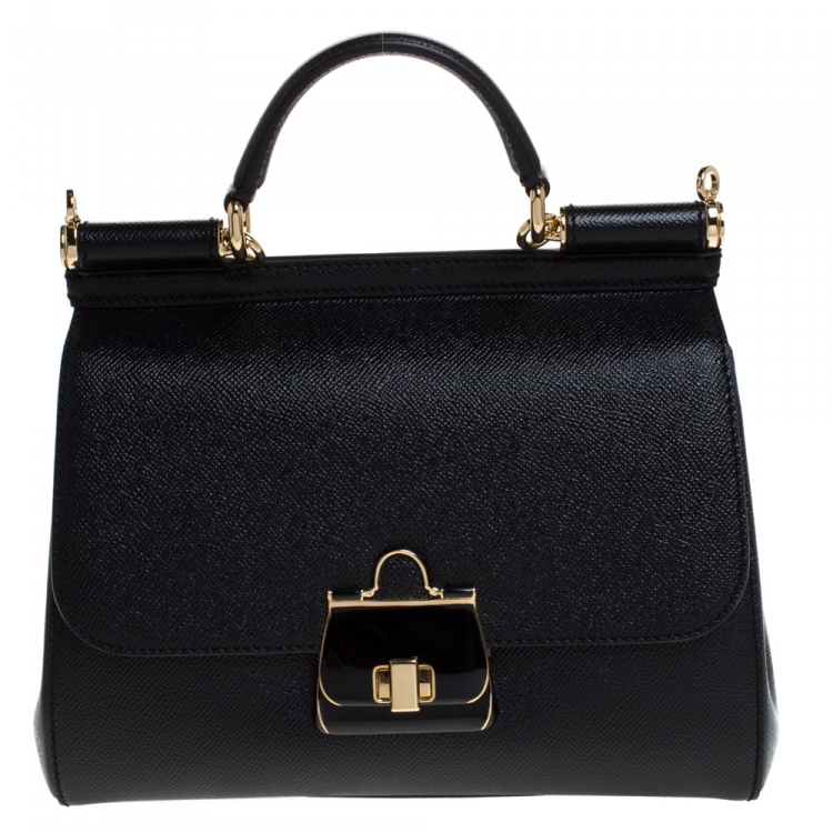 Pre Owned Dolce and Gabbana Black Dauphine Leather Medium Sicily Top Handle Bag