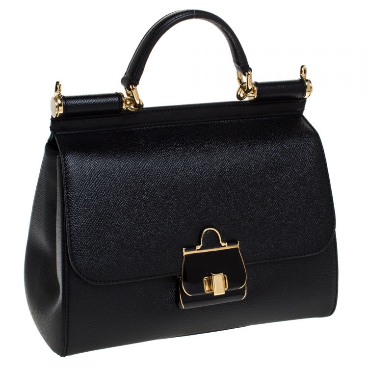 Pre Owned Dolce and Gabbana Black Dauphine Leather Medium Sicily Top Handle Bag