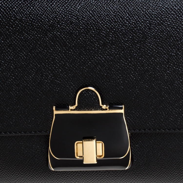 Pre Owned Dolce and Gabbana Black Dauphine Leather Medium Sicily Top Handle Bag