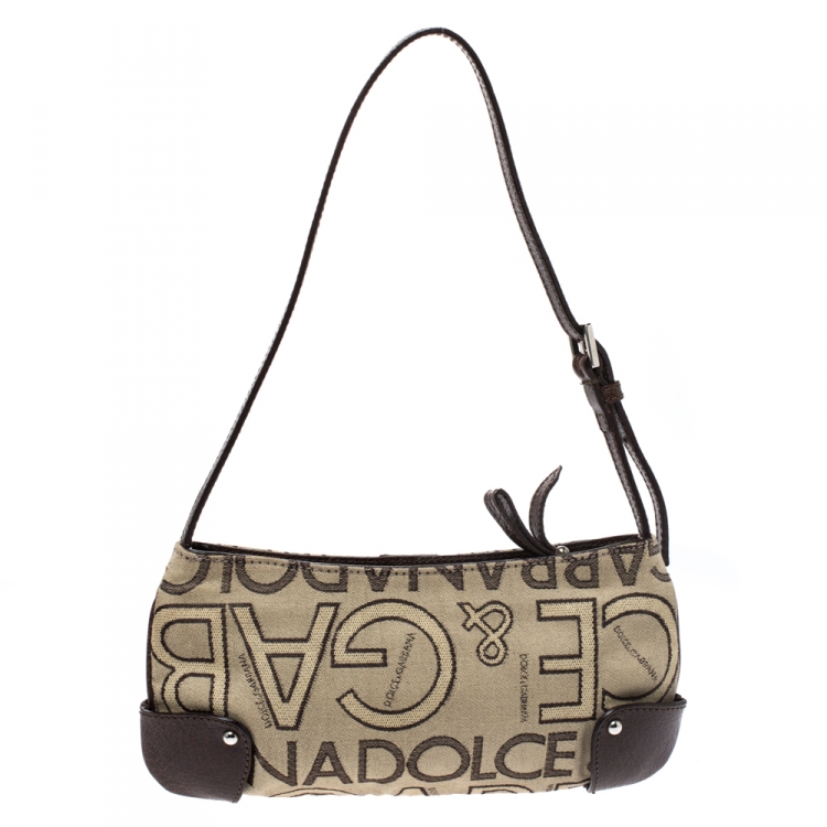 Pre Owned Dolce & Gabbana Beige/Brown Canvas and Leather Pochette Bag
