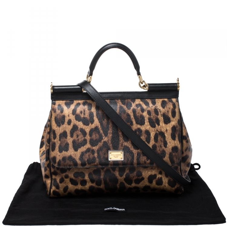 Pre Owned Dolce & Gabbana Leopard Print Coated Canvas and Leather Large Miss Sicily Top Handle Bag