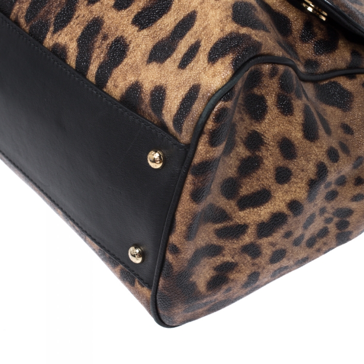 Pre Owned Dolce & Gabbana Leopard Print Coated Canvas and Leather Large Miss Sicily Top Handle Bag