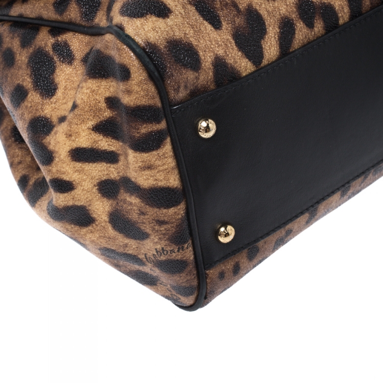 Pre Owned Dolce & Gabbana Leopard Print Coated Canvas and Leather Large Miss Sicily Top Handle Bag