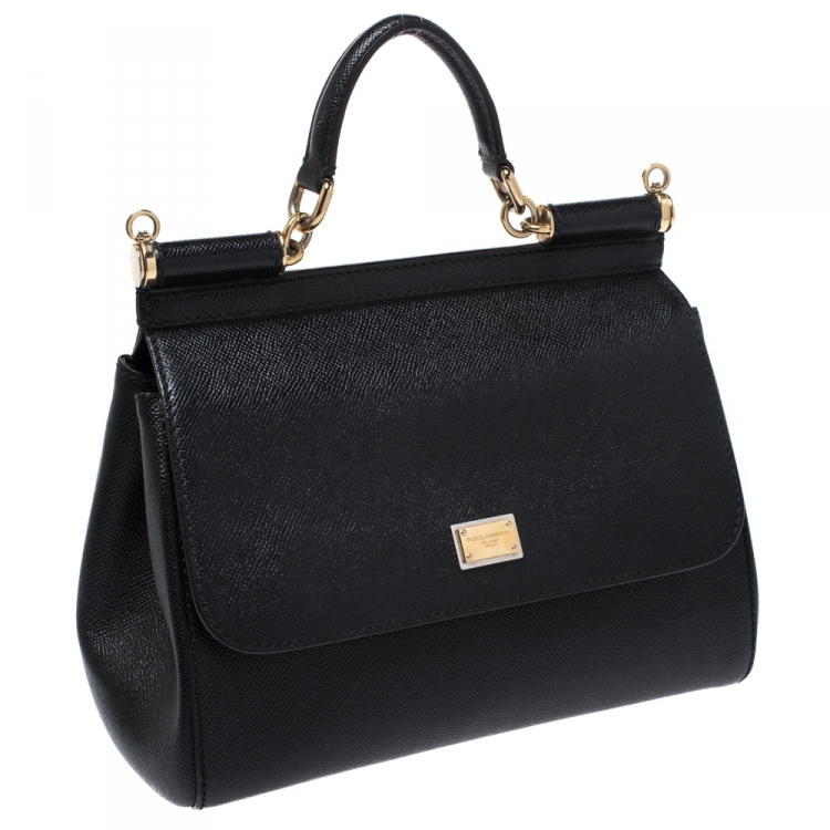 Pre Owned Dolce and Gabbana Black Dauphine Leather Medium Miss Sicily Bag