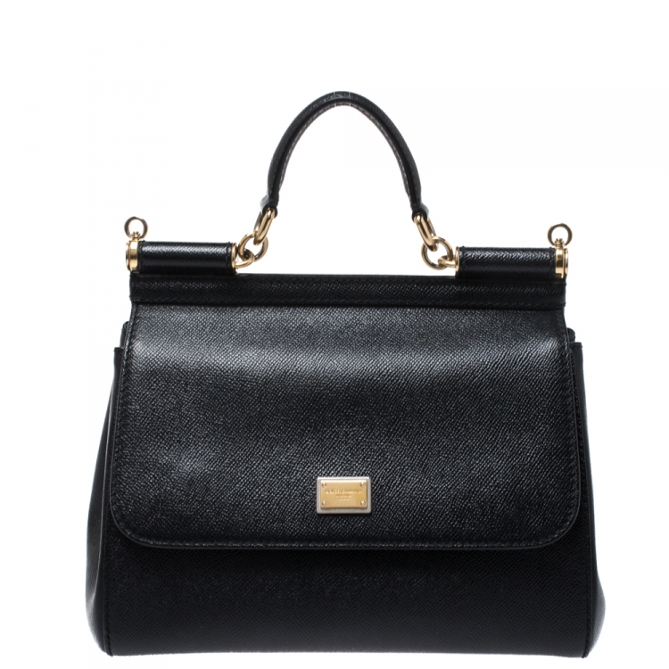 Pre Owned Dolce and Gabbana Black Dauphine Leather Medium Miss Sicily Bag