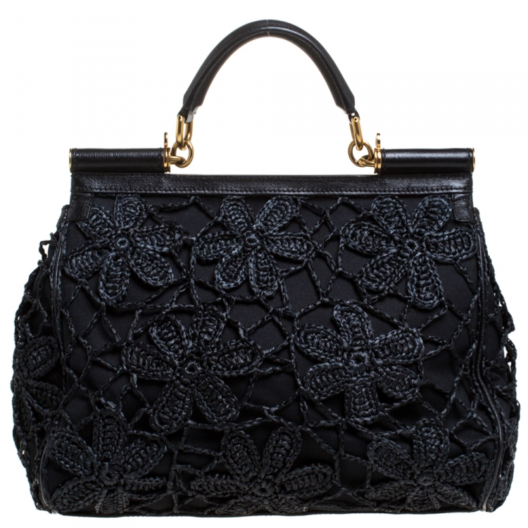 Pre Owned Dolce & Gabbana Black Crochet Straw/Canvas and Leather Large Miss Sicily Top Handle Bag