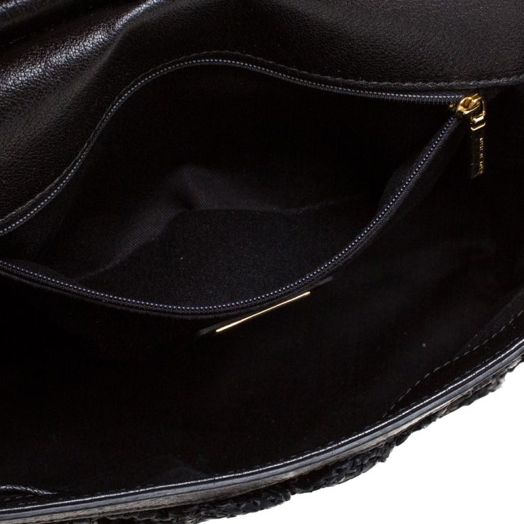Pre Owned Dolce & Gabbana Black Crochet Straw/Canvas and Leather Large Miss Sicily Top Handle Bag