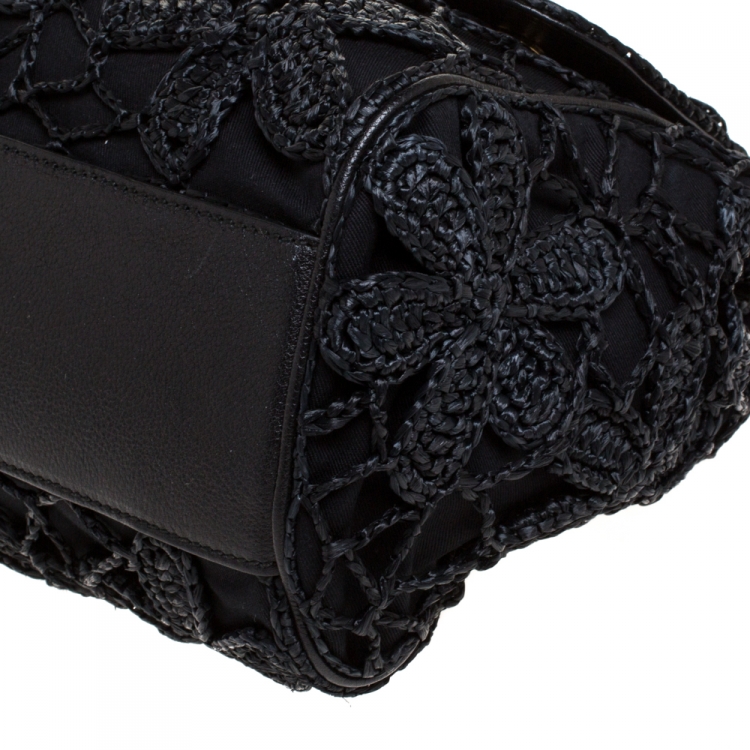 Pre Owned Dolce & Gabbana Black Crochet Straw/Canvas and Leather Large Miss Sicily Top Handle Bag