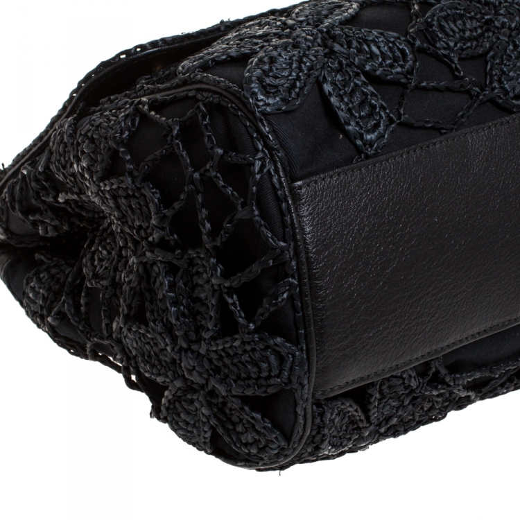 Pre Owned Dolce & Gabbana Black Crochet Straw/Canvas and Leather Large Miss Sicily Top Handle Bag