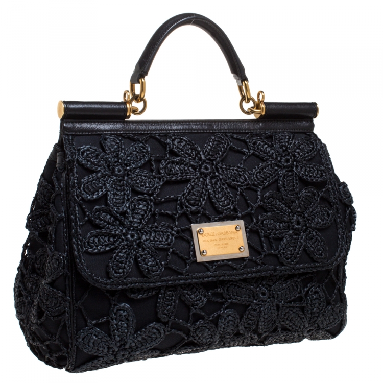 Pre Owned Dolce & Gabbana Black Crochet Straw/Canvas and Leather Large Miss Sicily Top Handle Bag