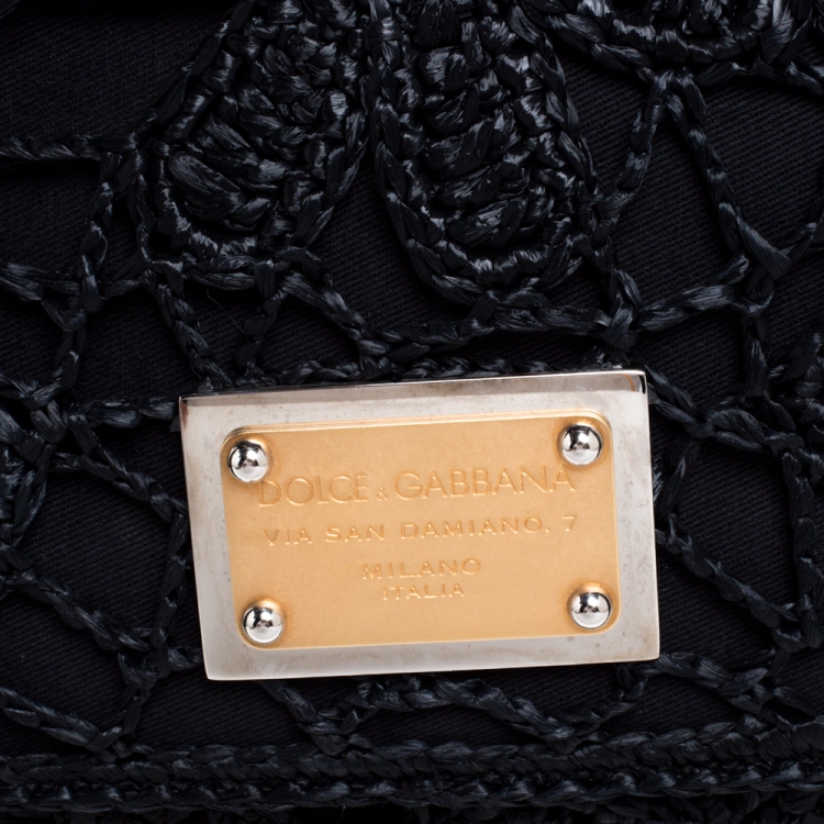 Pre Owned Dolce & Gabbana Black Crochet Straw/Canvas and Leather Large Miss Sicily Top Handle Bag
