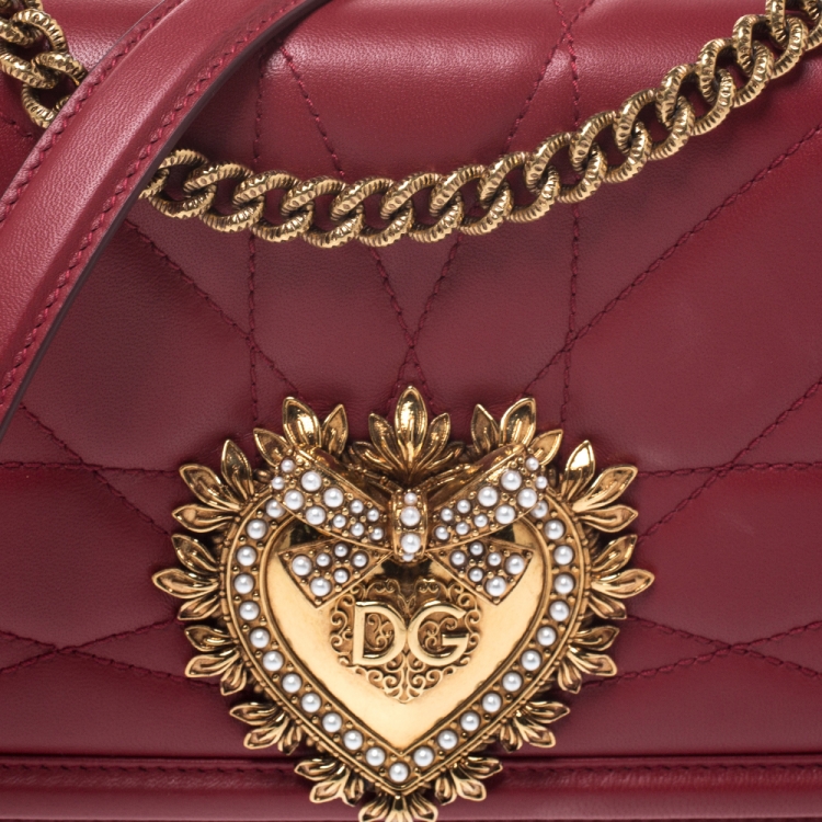Pre Owned Dolce and Gabbana Red Matelasse Leather Devotion Chain Shoulder Bag