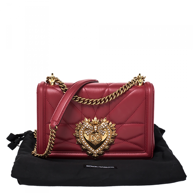 Pre Owned Dolce and Gabbana Red Matelasse Leather Devotion Chain Shoulder Bag
