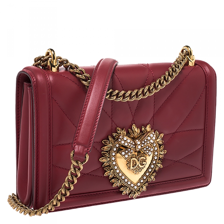 Pre Owned Dolce and Gabbana Red Matelasse Leather Devotion Chain Shoulder Bag