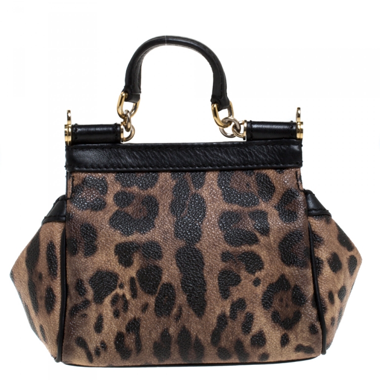 Pre Owned Dolce & Gabbana Black Leopard Print Mini Miss Sicily Top Handle Bag