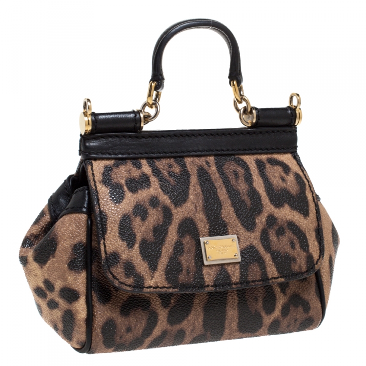 Pre Owned Dolce & Gabbana Black Leopard Print Mini Miss Sicily Top Handle Bag