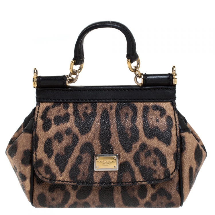 Pre Owned Dolce & Gabbana Black Leopard Print Mini Miss Sicily Top Handle Bag