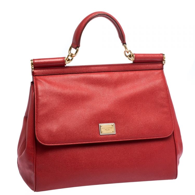 Pre Owned Dolce & Gabbana Red Leather Large Miss Sicily Top Handle Bag