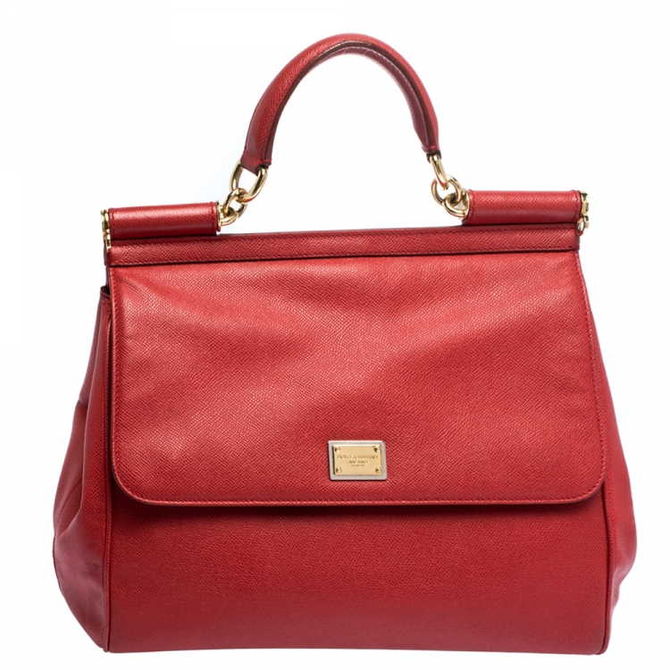 Pre Owned Dolce & Gabbana Red Leather Large Miss Sicily Top Handle Bag