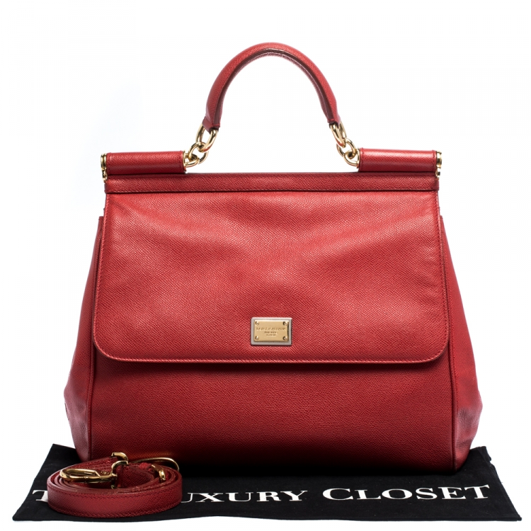 Pre Owned Dolce & Gabbana Red Leather Large Miss Sicily Top Handle Bag