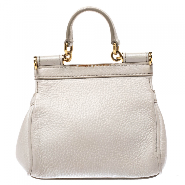Pre Owned Dolce & Gabbana Off White Leather Micro Miss Sicily Top Handle Bag