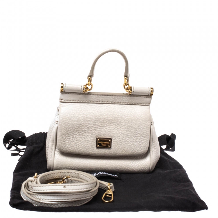 Pre Owned Dolce & Gabbana Off White Leather Micro Miss Sicily Top Handle Bag
