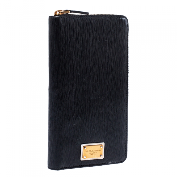 Pre Owned Dolce & Gabbana Black Leather Zip Around Organizer Wallet