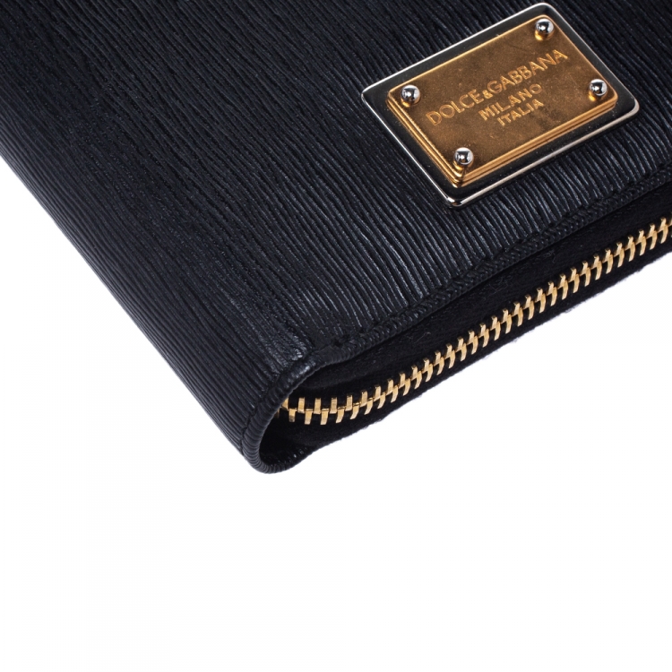 Pre Owned Dolce & Gabbana Black Leather Zip Around Organizer Wallet