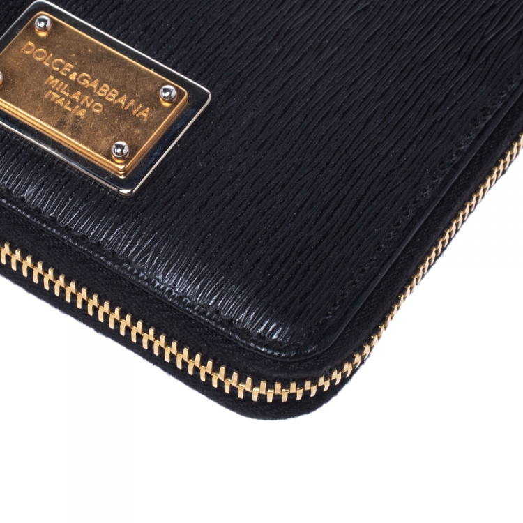 Pre Owned Dolce & Gabbana Black Leather Zip Around Organizer Wallet