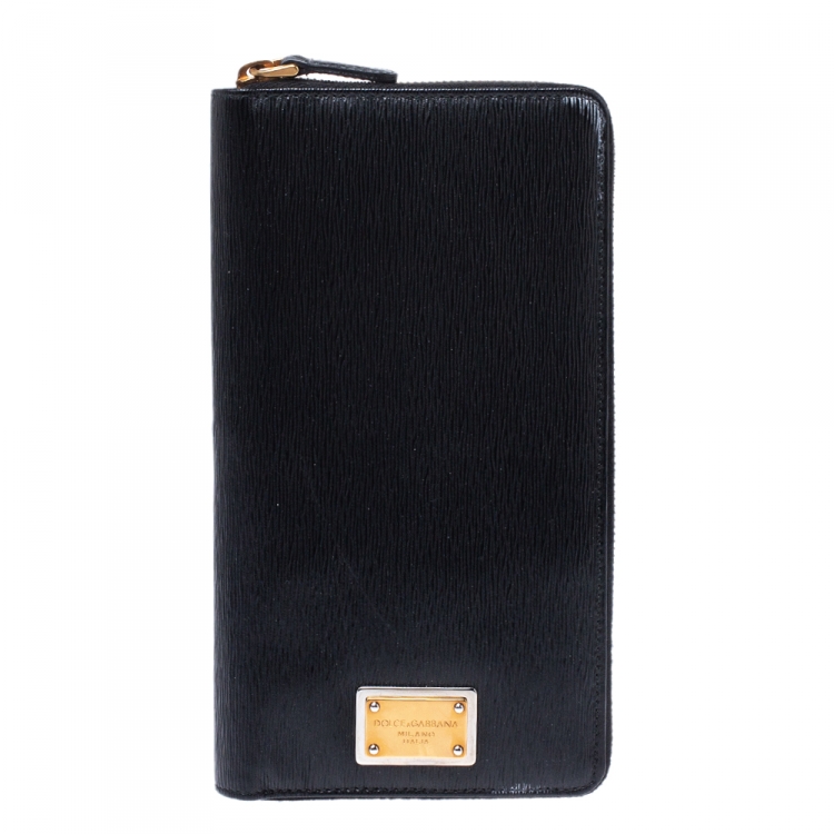 Pre Owned Dolce & Gabbana Black Leather Zip Around Organizer Wallet