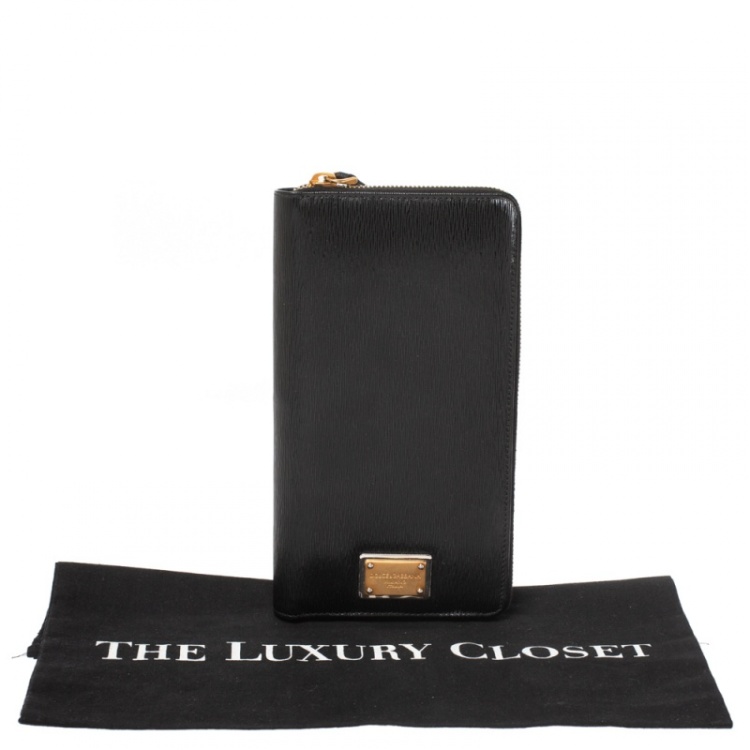 Pre Owned Dolce & Gabbana Black Leather Zip Around Organizer Wallet