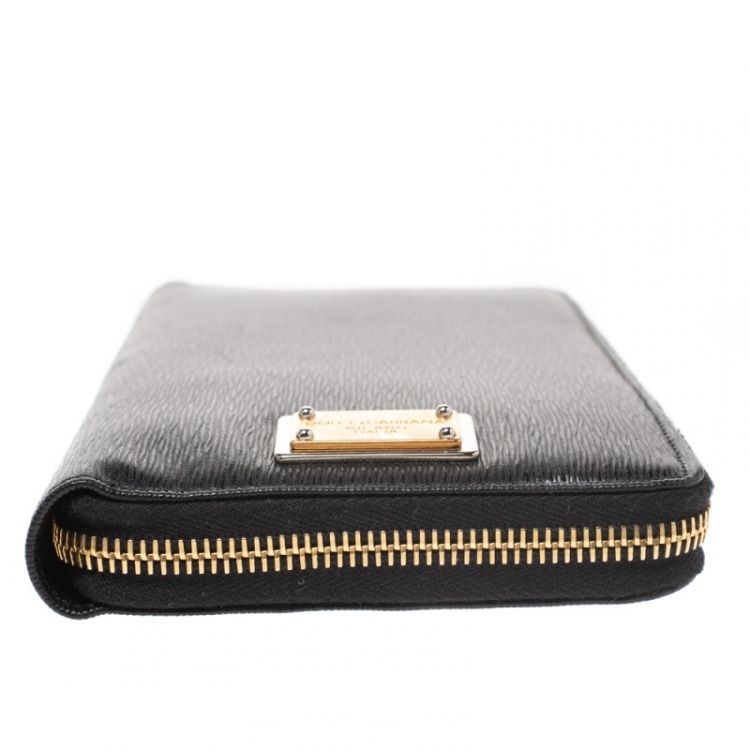 Pre Owned Dolce & Gabbana Black Leather Zip Around Organizer Wallet
