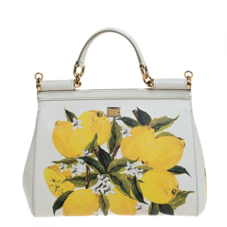 Pre Owned Dolce & Gabbana White/Yellow Floral Print Leather Medium Miss Sicily Top Handle Bag