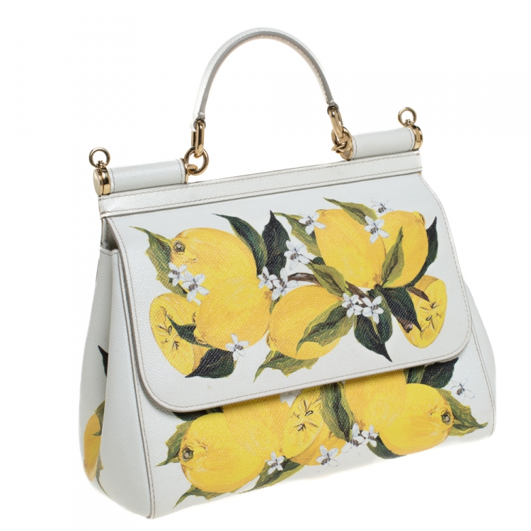 Pre Owned Dolce & Gabbana White/Yellow Floral Print Leather Medium Miss Sicily Top Handle Bag