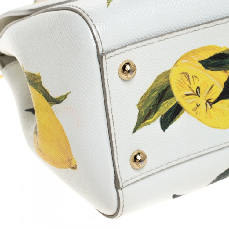 Pre Owned Dolce & Gabbana White/Yellow Floral Print Leather Medium Miss Sicily Top Handle Bag