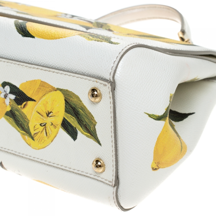 Pre Owned Dolce & Gabbana White/Yellow Floral Print Leather Medium Miss Sicily Top Handle Bag