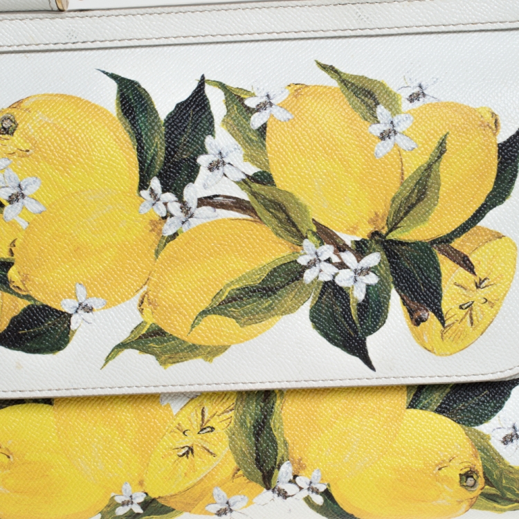 Pre Owned Dolce & Gabbana White/Yellow Floral Print Leather Medium Miss Sicily Top Handle Bag