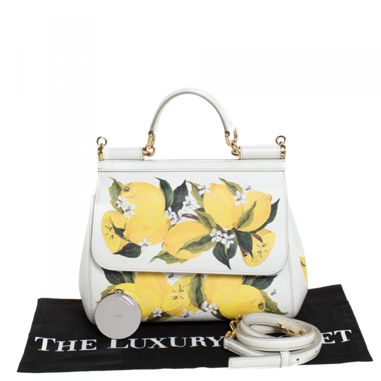 Pre Owned Dolce & Gabbana White/Yellow Floral Print Leather Medium Miss Sicily Top Handle Bag