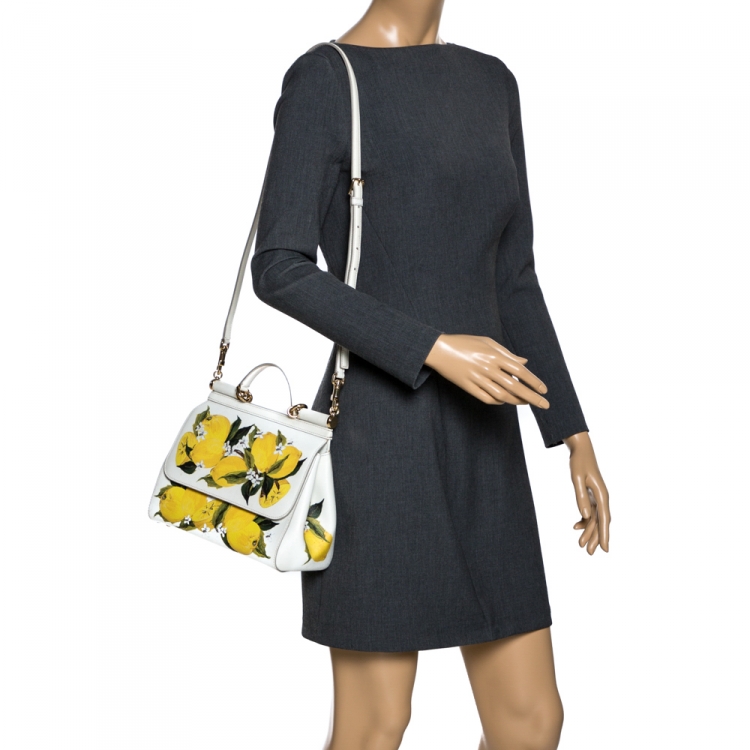 Pre Owned Dolce & Gabbana White/Yellow Floral Print Leather Medium Miss Sicily Top Handle Bag