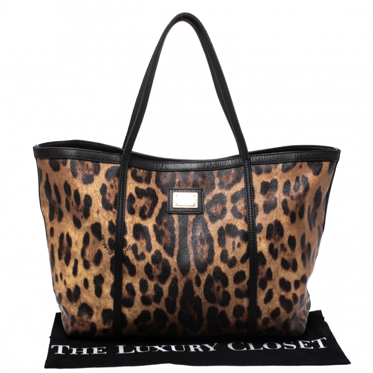 Pre Owned Dolce and Gabbana Brown/Black Leopard Print Coated Canvas and Leather Miss Escape Tote