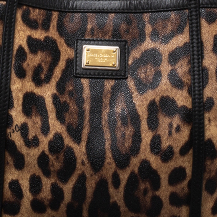 Pre Owned Dolce and Gabbana Brown/Black Leopard Print Coated Canvas and Leather Miss Escape Tote
