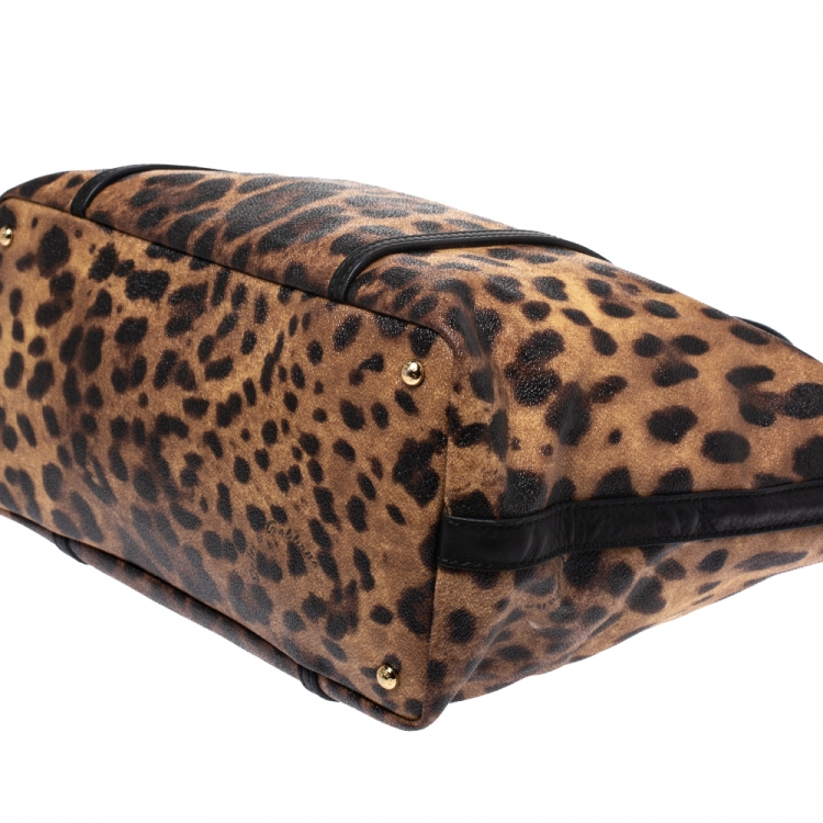 Pre Owned Dolce and Gabbana Brown/Black Leopard Print Coated Canvas and Leather Miss Escape Tote