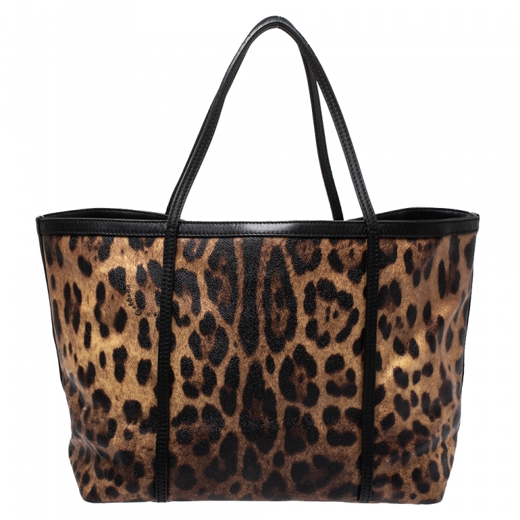 Pre Owned Dolce and Gabbana Brown/Black Leopard Print Coated Canvas and Leather Miss Escape Tote