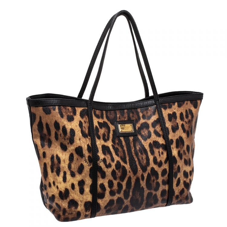 Pre Owned Dolce and Gabbana Brown/Black Leopard Print Coated Canvas and Leather Miss Escape Tote