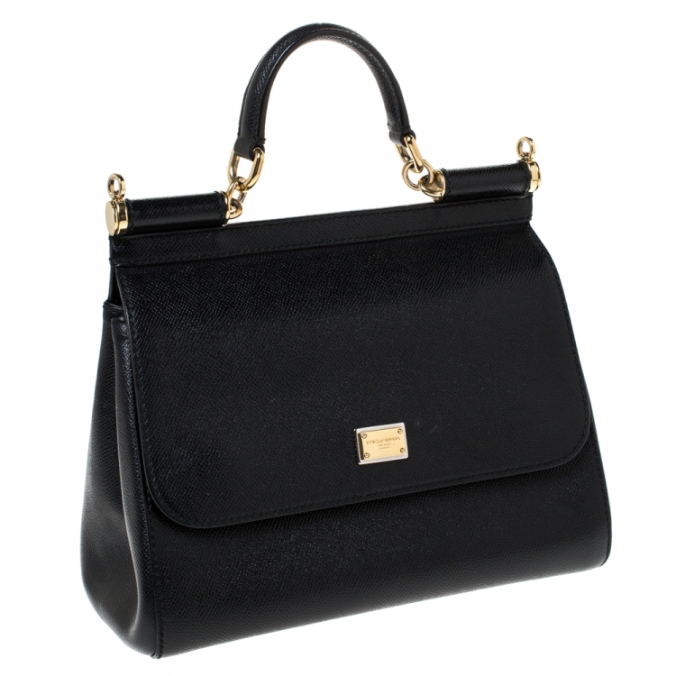 Pre Owned Dolce & Gabbana Black Leather Medium Miss Sicily Top Handle Bag