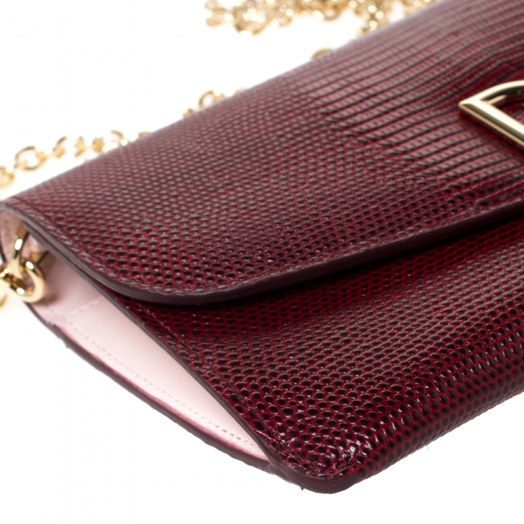 Pre Owned Dolce and Gabbana Red Lizard Embossed Leather Logo Flap Chain Clutch