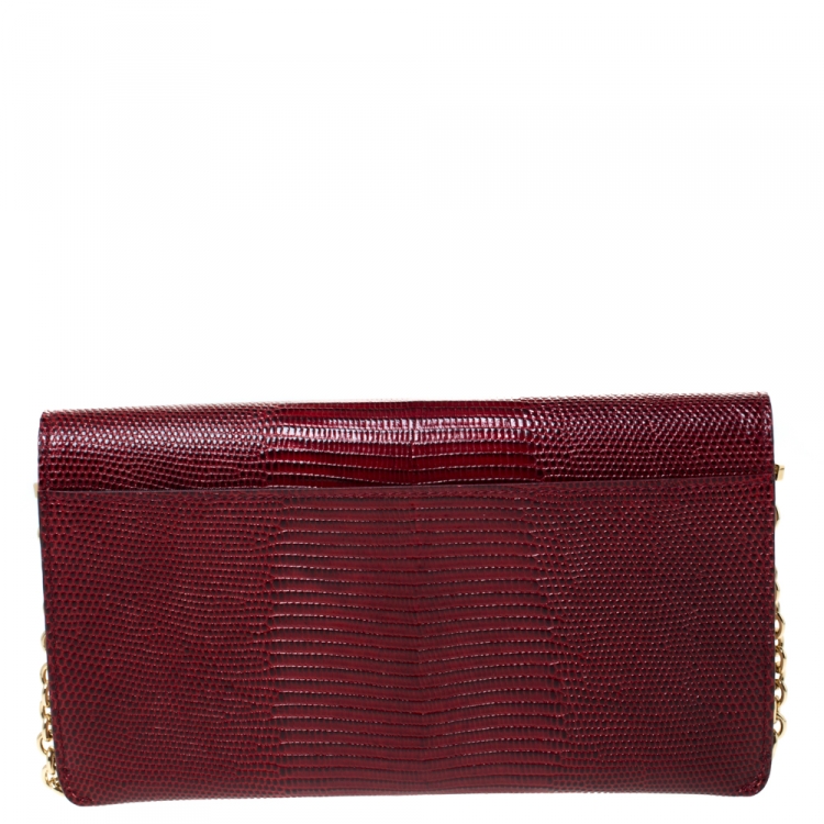 Pre Owned Dolce and Gabbana Red Lizard Embossed Leather Logo Flap Chain Clutch