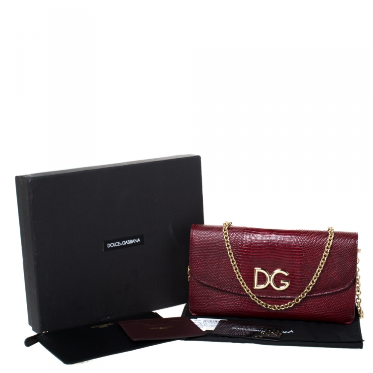 Pre Owned Dolce and Gabbana Red Lizard Embossed Leather Logo Flap Chain Clutch